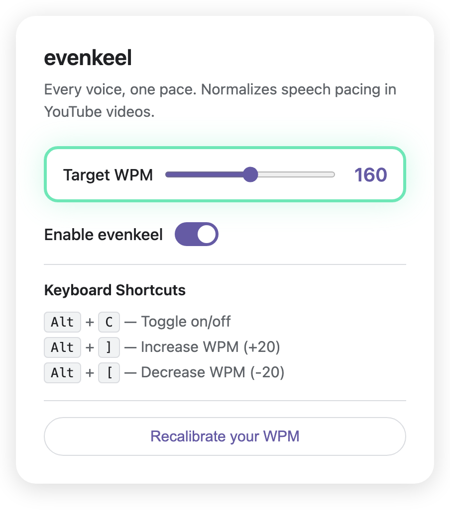 EvenKeel popup showing WPM slider, toggle, and keyboard shortcuts